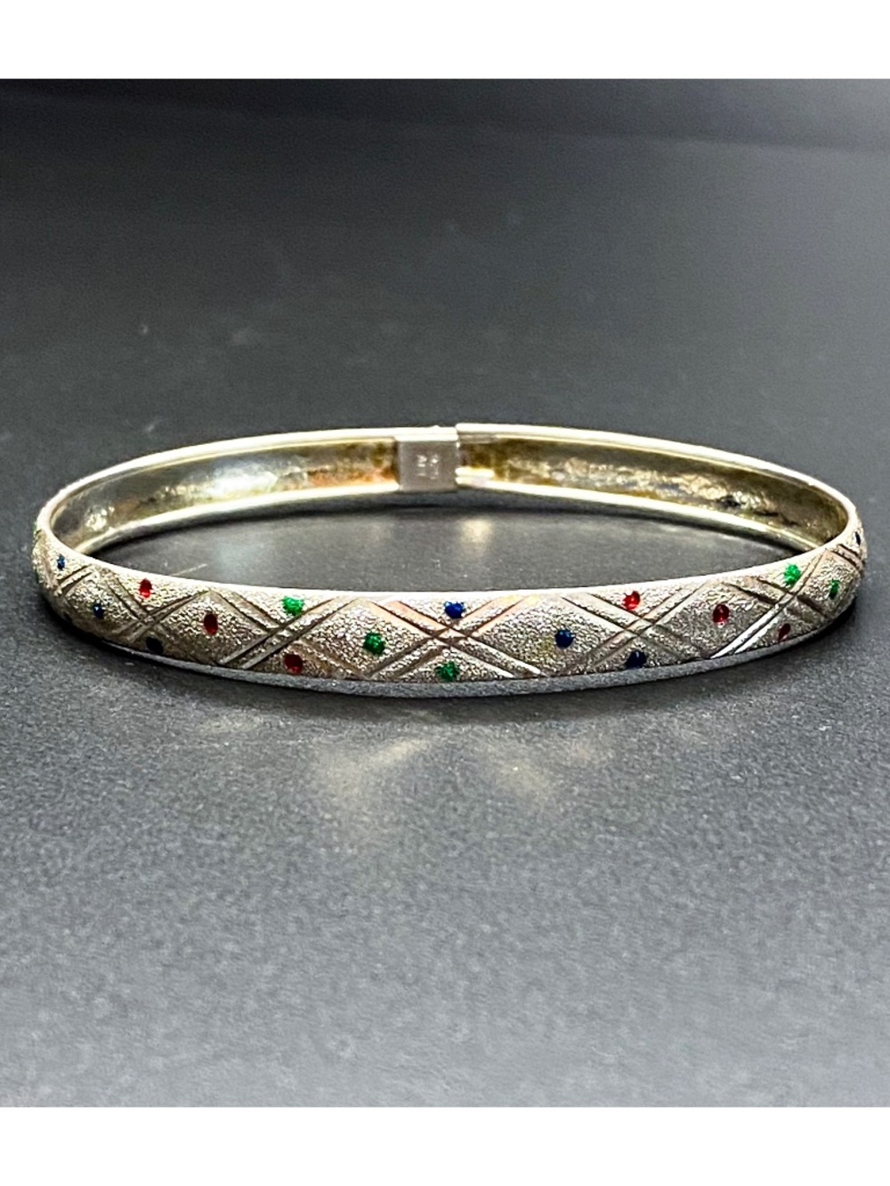 925 Sterling Silver Bangle Bracelet Enamel Dots Blue Green Red Stamped "ADI"
